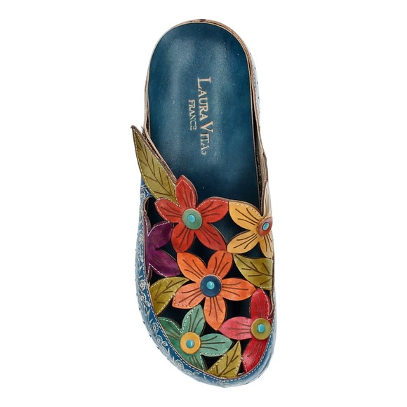 Laura Vita Mules Billy 52 Turquoise Leather Shoes Floral Size 9 Women’s - Picture 4 of 12